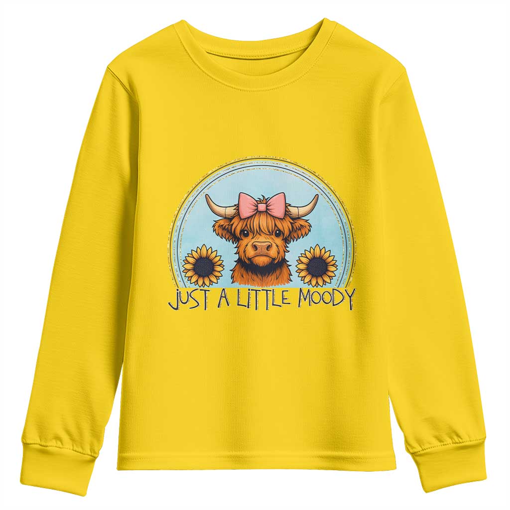Just A Little Moody Youth Sweatshirt Funny Sarcasm Highland Cattle TS12 Daisy Print Your Wear