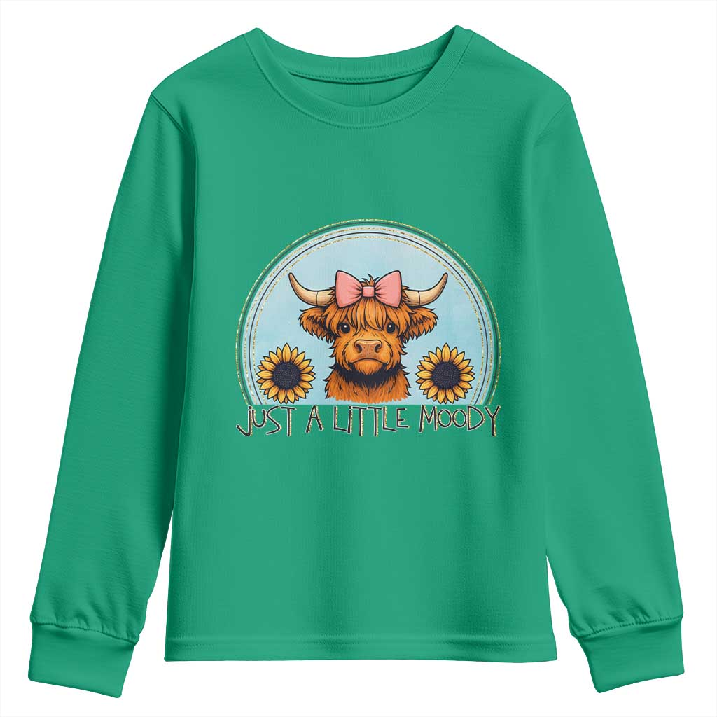 Just A Little Moody Youth Sweatshirt Funny Sarcasm Highland Cattle TS12 Irish Green Print Your Wear