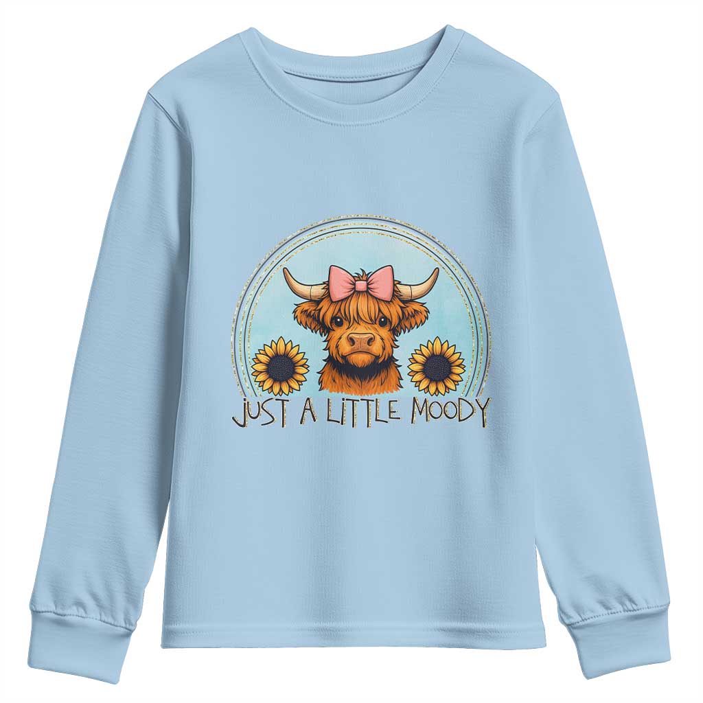 Just A Little Moody Youth Sweatshirt Funny Sarcasm Highland Cattle TS12 Light Blue Print Your Wear