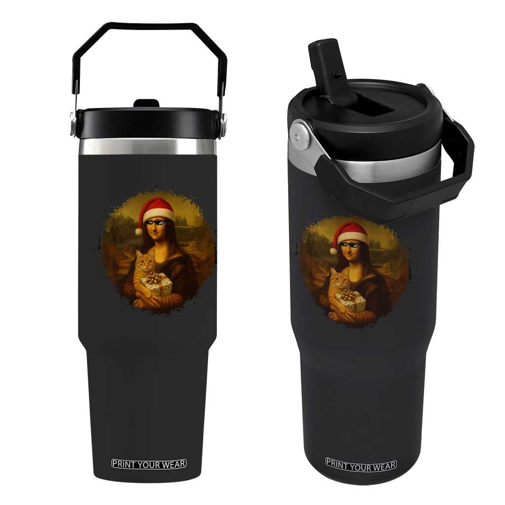 Chritsmas Mona Lisa Flip Straw Tumbler Funny Holiday Kitty Lover TS12 One Size: 30 oz Black Print Your Wear