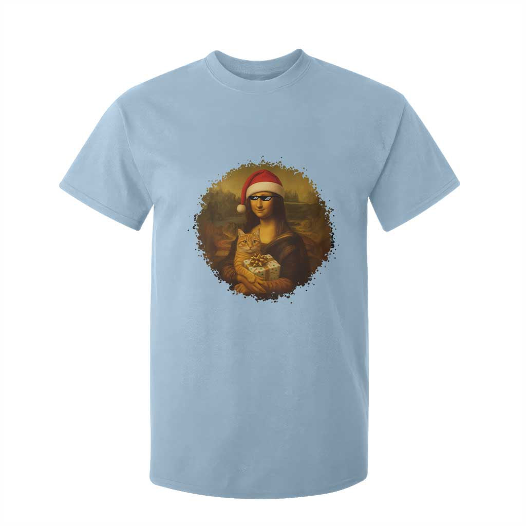 Chritsmas Mona Lisa T Shirt For Kid Funny Holiday Kitty Lover TS12 Light Blue Print Your Wear