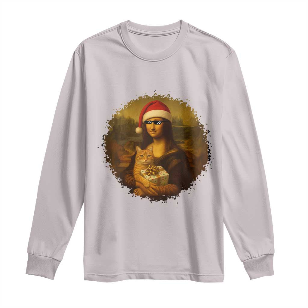 Chritsmas Mona Lisa Long Sleeve Shirt Funny Holiday Kitty Lover TS12 Ice Gray Print Your Wear
