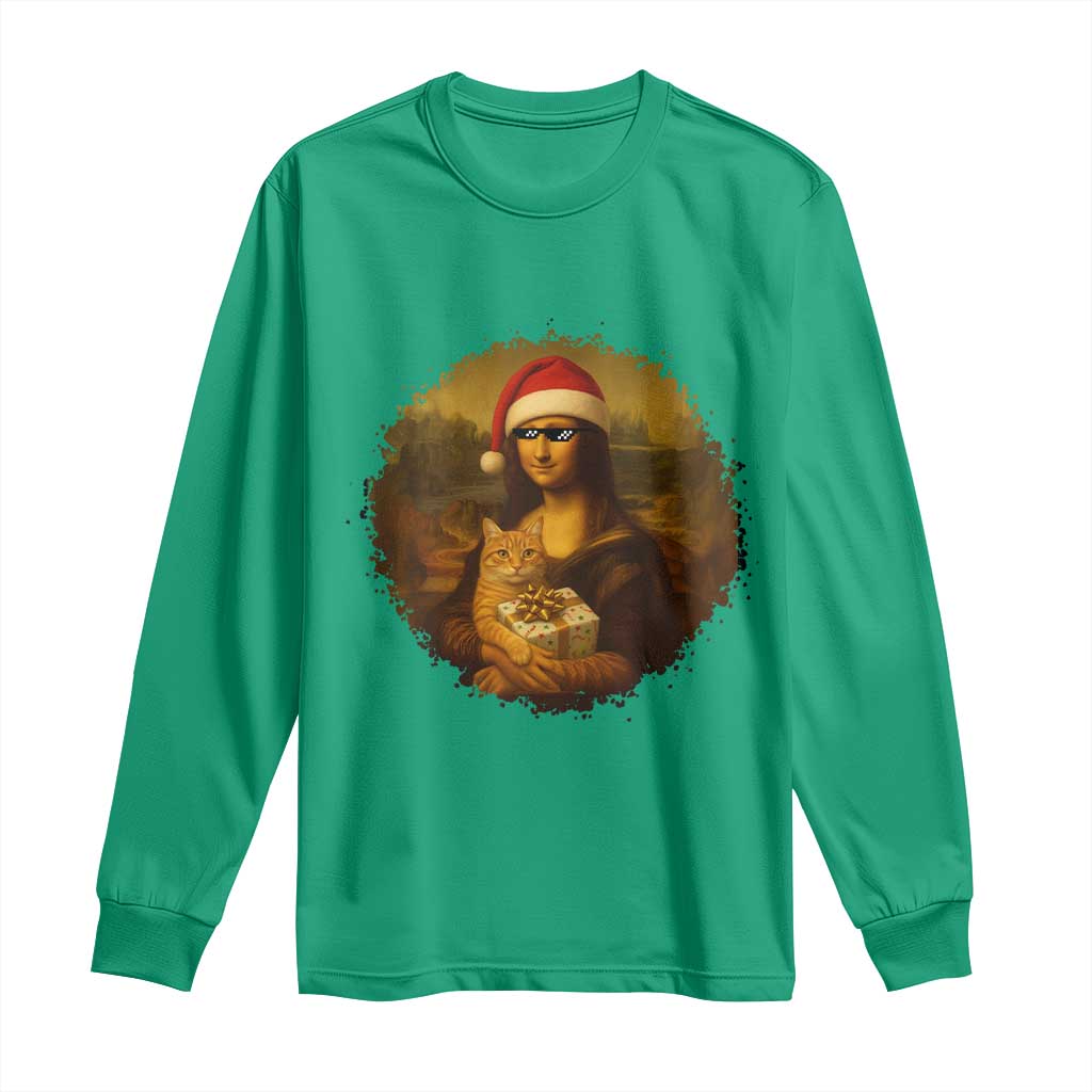 Chritsmas Mona Lisa Long Sleeve Shirt Funny Holiday Kitty Lover TS12 Irish Green Print Your Wear