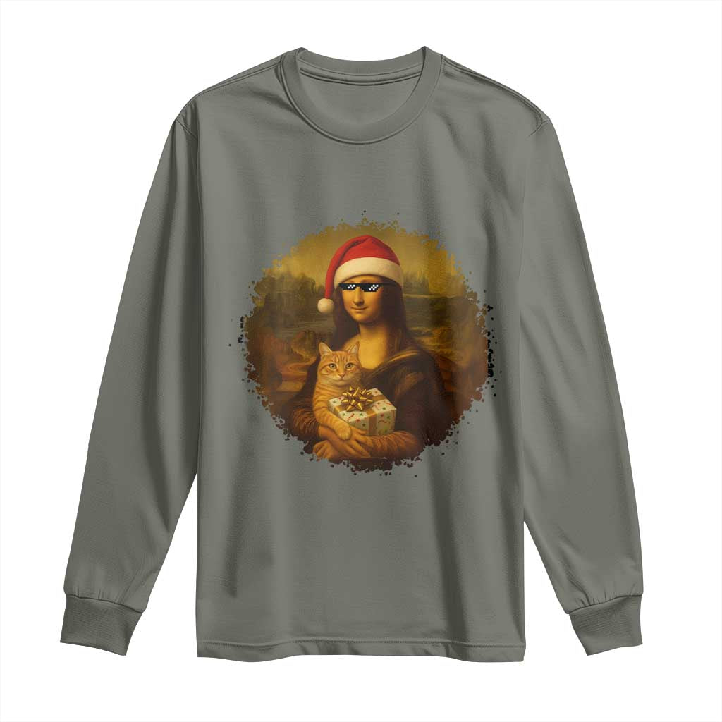 Chritsmas Mona Lisa Long Sleeve Shirt Funny Holiday Kitty Lover TS12 Military Green Print Your Wear
