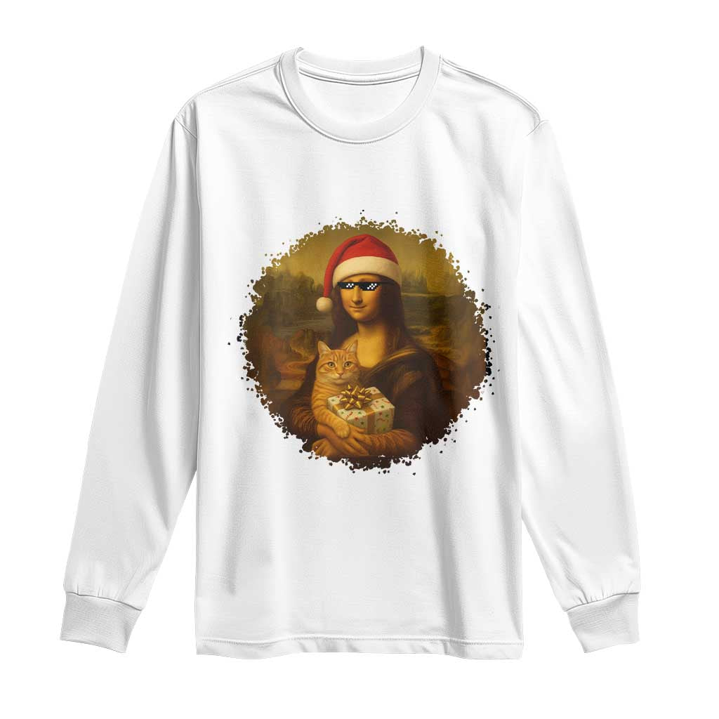 Chritsmas Mona Lisa Long Sleeve Shirt Funny Holiday Kitty Lover TS12 White Print Your Wear
