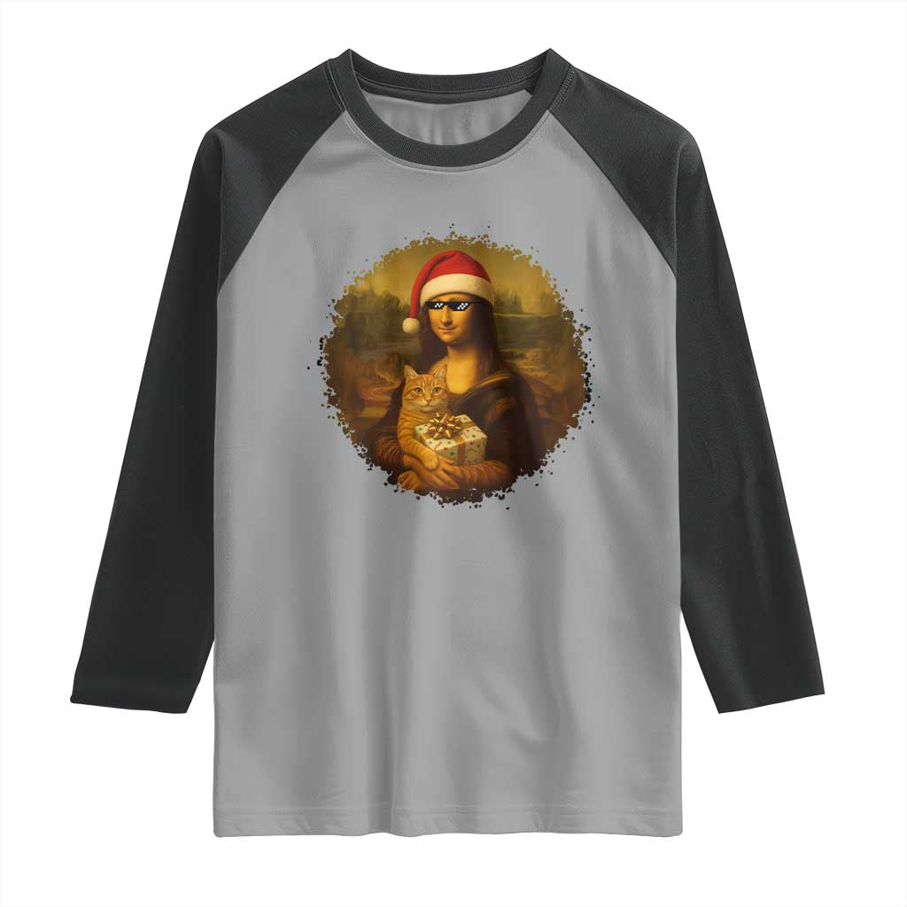 Chritsmas Mona Lisa Raglan Shirt Funny Holiday Kitty Lover TS12 Sport Gray Black Print Your Wear