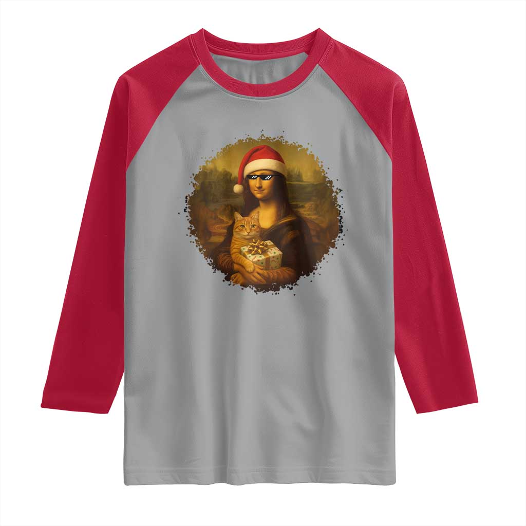 Chritsmas Mona Lisa Raglan Shirt Funny Holiday Kitty Lover TS12 Sport Gray Red Print Your Wear