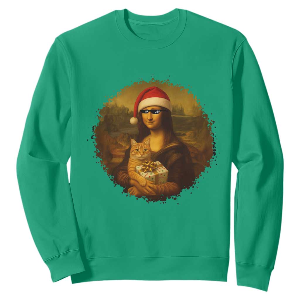 Chritsmas Mona Lisa Sweatshirt Funny Holiday Kitty Lover TS12 Irish Green Print Your Wear