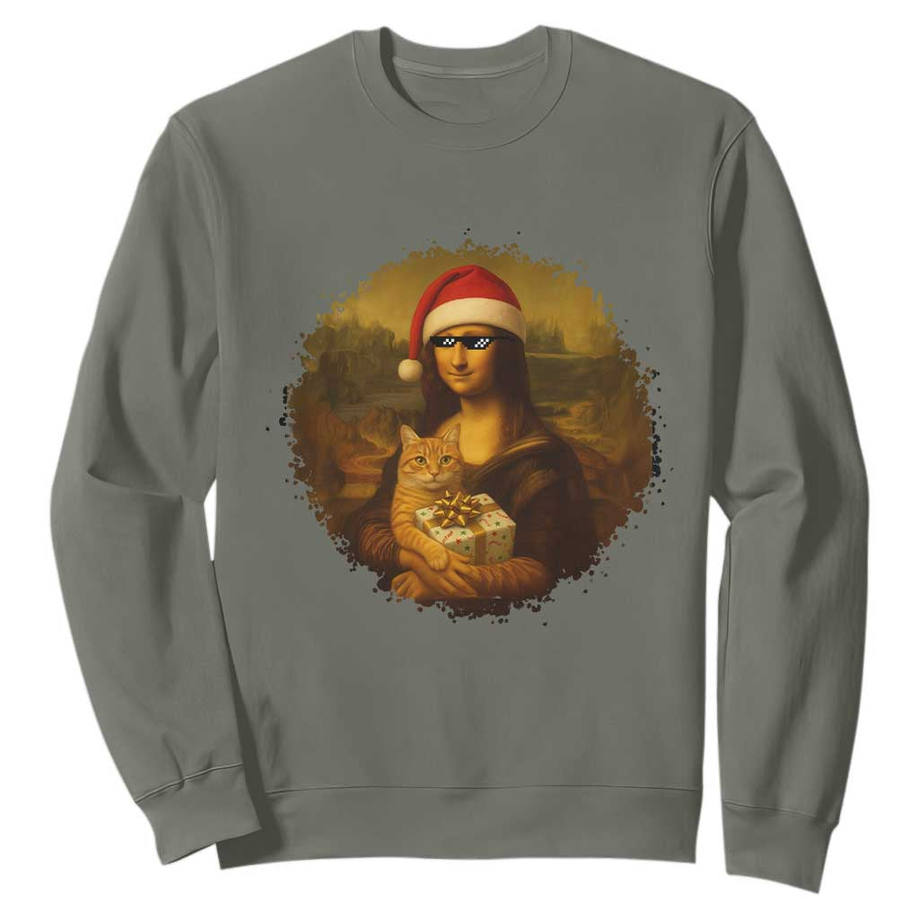 Chritsmas Mona Lisa Sweatshirt Funny Holiday Kitty Lover TS12 Military Green Print Your Wear