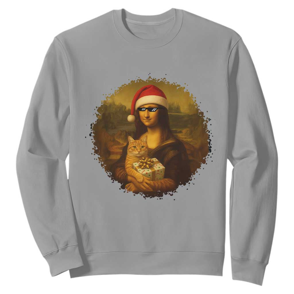 Chritsmas Mona Lisa Sweatshirt Funny Holiday Kitty Lover TS12 Sport Gray Print Your Wear