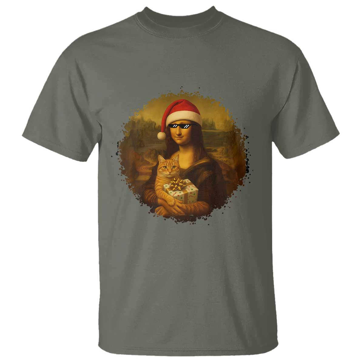 Chritsmas Mona Lisa T Shirt Funny Holiday Kitty Lover TS12 Military Green Print Your Wear