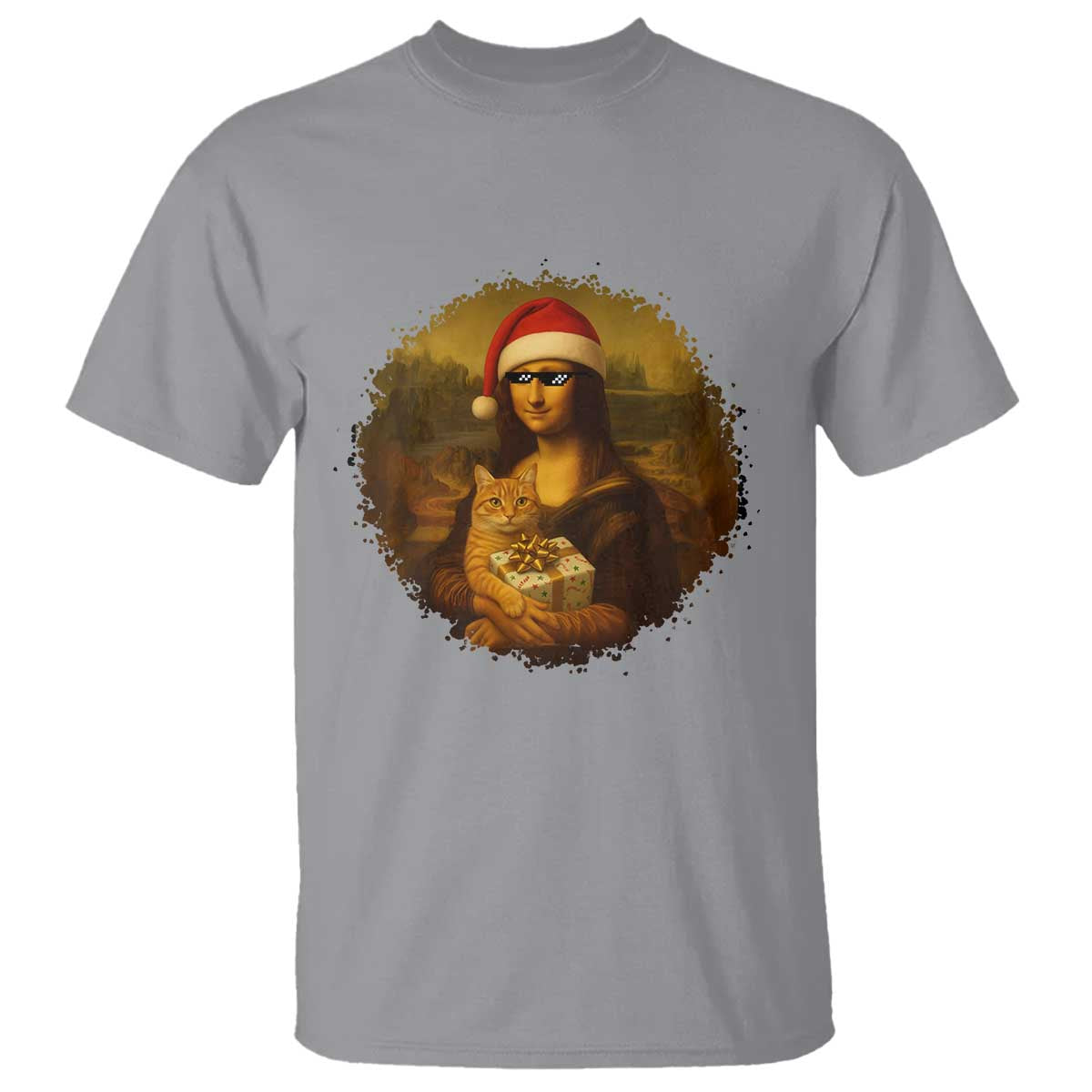 Chritsmas Mona Lisa T Shirt Funny Holiday Kitty Lover TS12 Sport Gray Print Your Wear