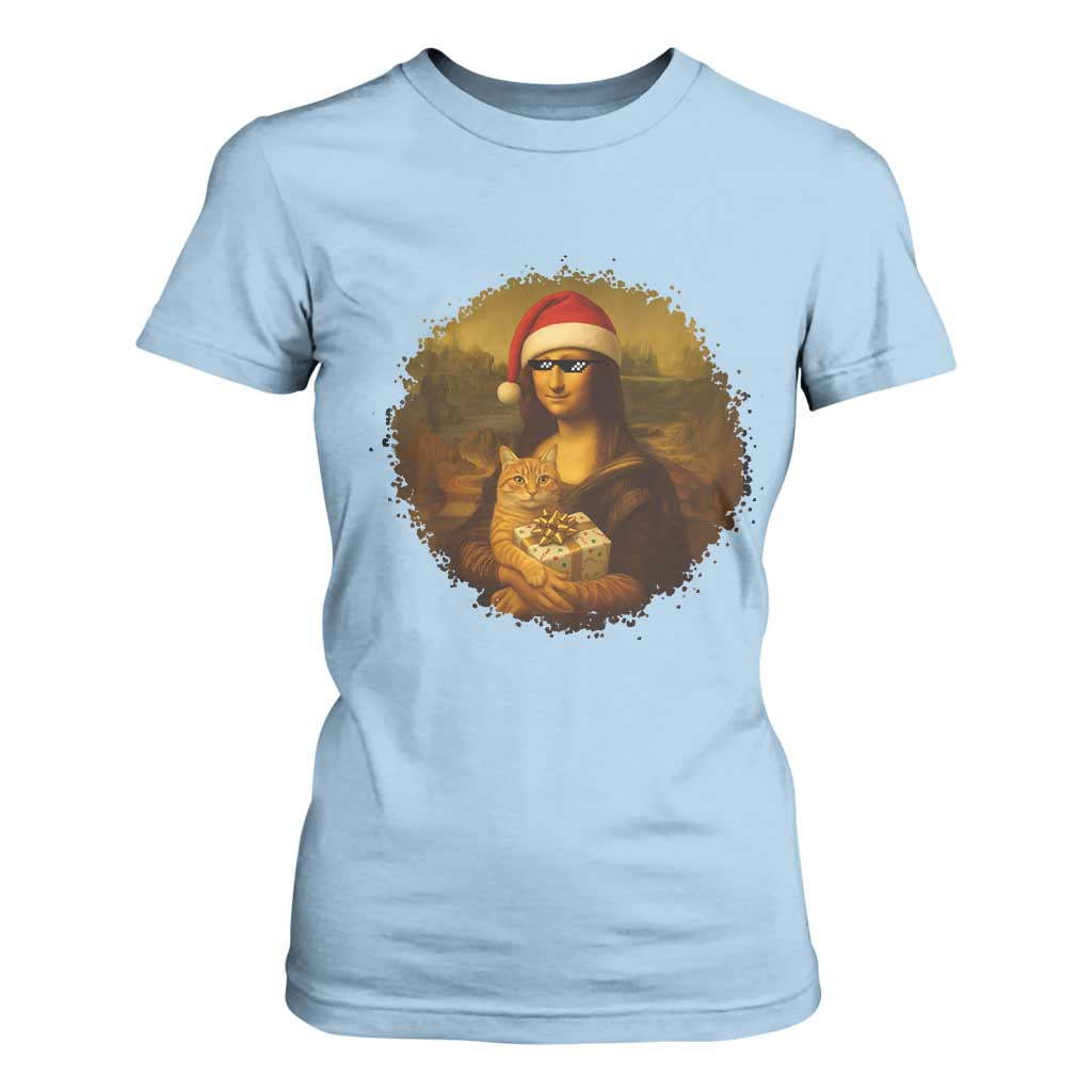 Chritsmas Mona Lisa T Shirt For Women Funny Holiday Kitty Lover TS12 Light Blue Print Your Wear