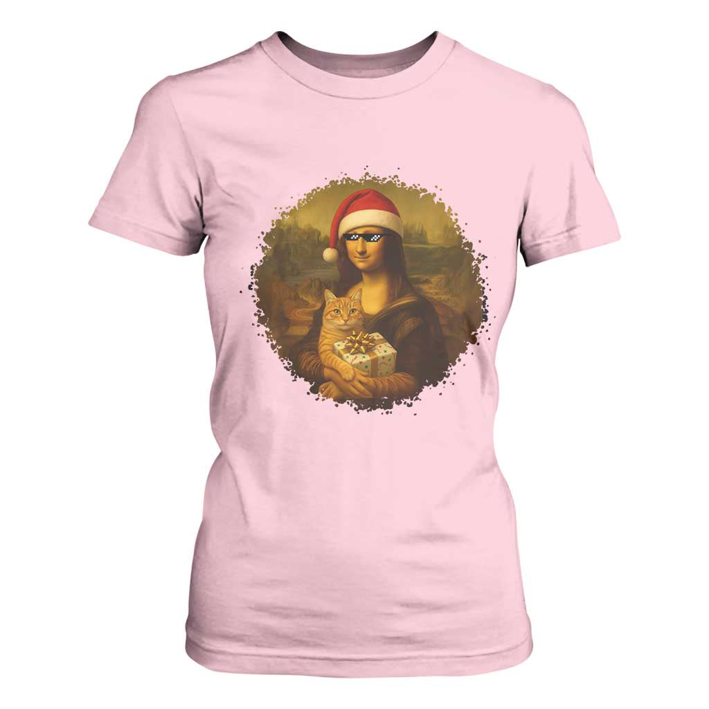 Chritsmas Mona Lisa T Shirt For Women Funny Holiday Kitty Lover TS12 Light Pink Print Your Wear