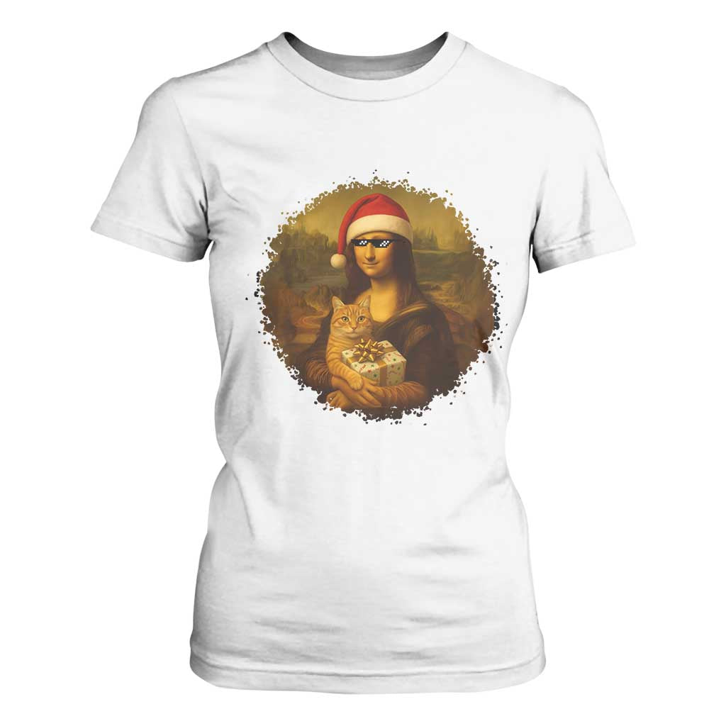 Chritsmas Mona Lisa T Shirt For Women Funny Holiday Kitty Lover TS12 White Print Your Wear