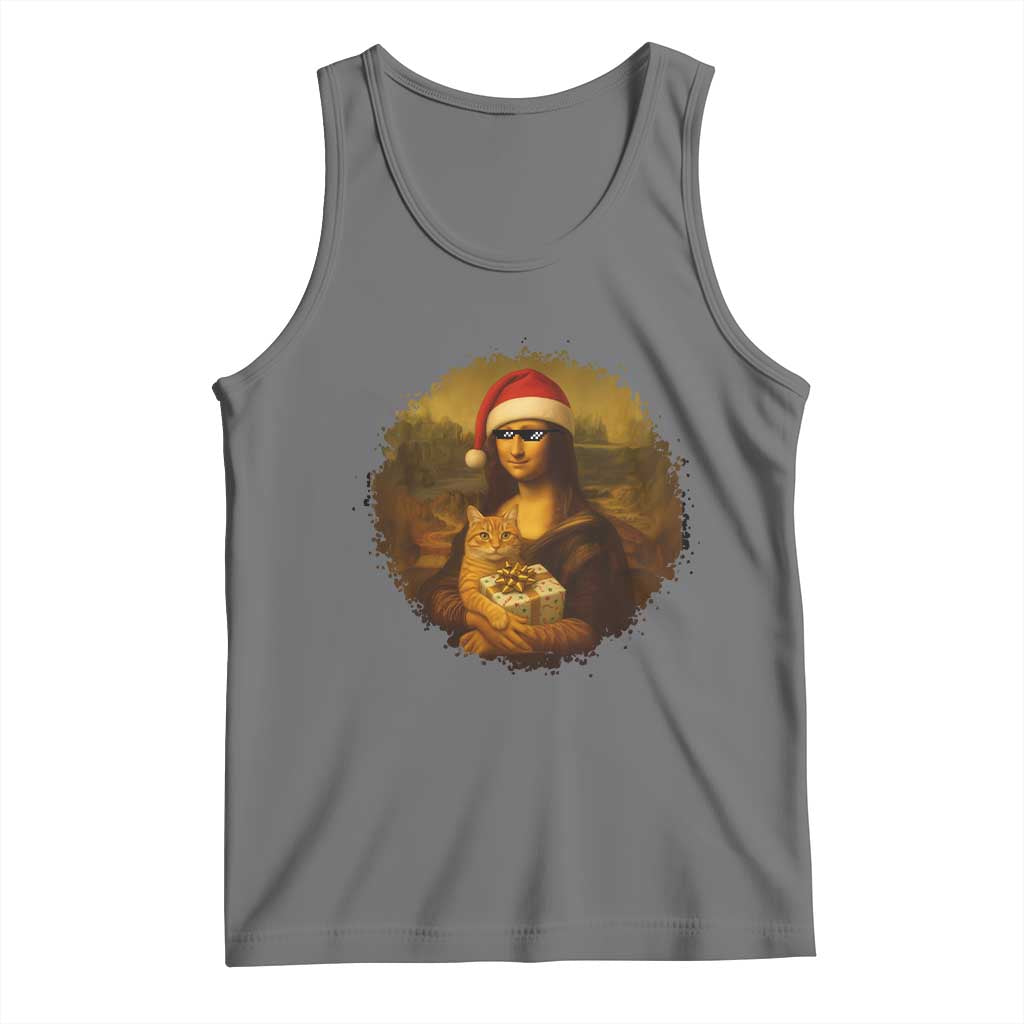 Chritsmas Mona Lisa Tank Top Funny Holiday Kitty Lover TS12 Black Heather Print Your Wear