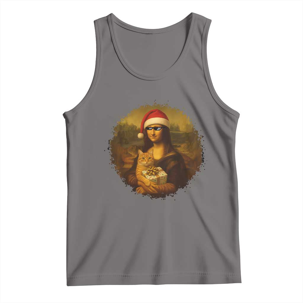 Chritsmas Mona Lisa Tank Top Funny Holiday Kitty Lover TS12 Deep Heather Print Your Wear