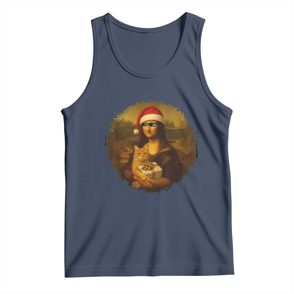 Chritsmas Mona Lisa Tank Top Funny Holiday Kitty Lover TS12 Navy Print Your Wear