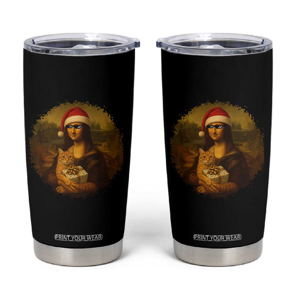 Chritsmas Mona Lisa Tumbler Cup Funny Holiday Kitty Lover TS12 Black Print Your Wear