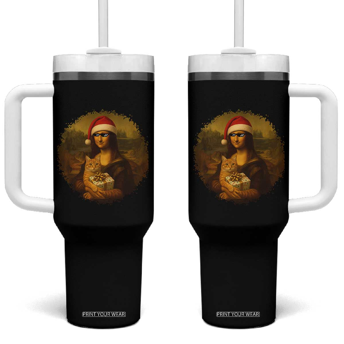 Chritsmas Mona Lisa Tumbler With Handle Funny Holiday Kitty Lover TS12 One Size: 40 oz Black Print Your Wear
