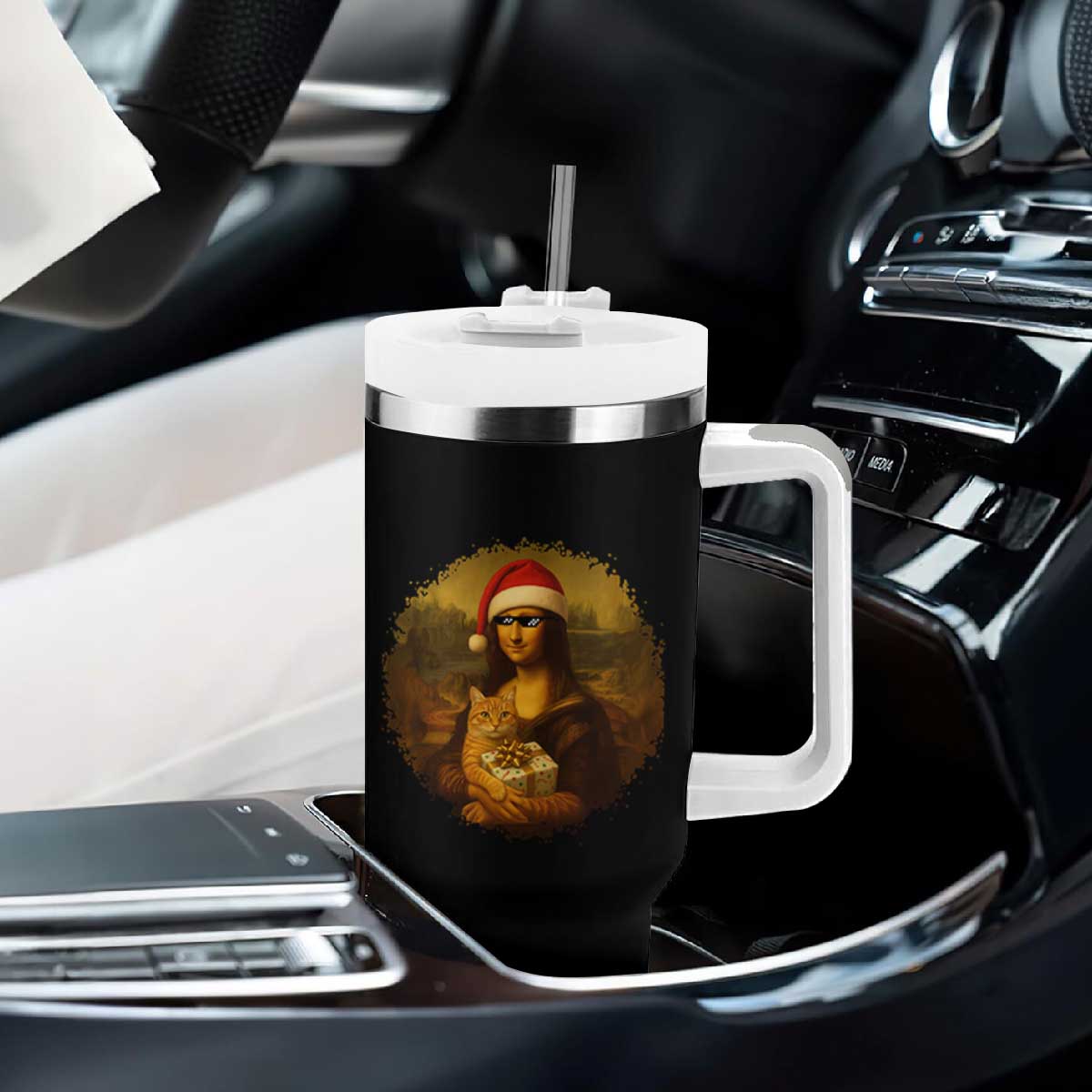 Chritsmas Mona Lisa Tumbler With Handle Funny Holiday Kitty Lover TS12 Print Your Wear