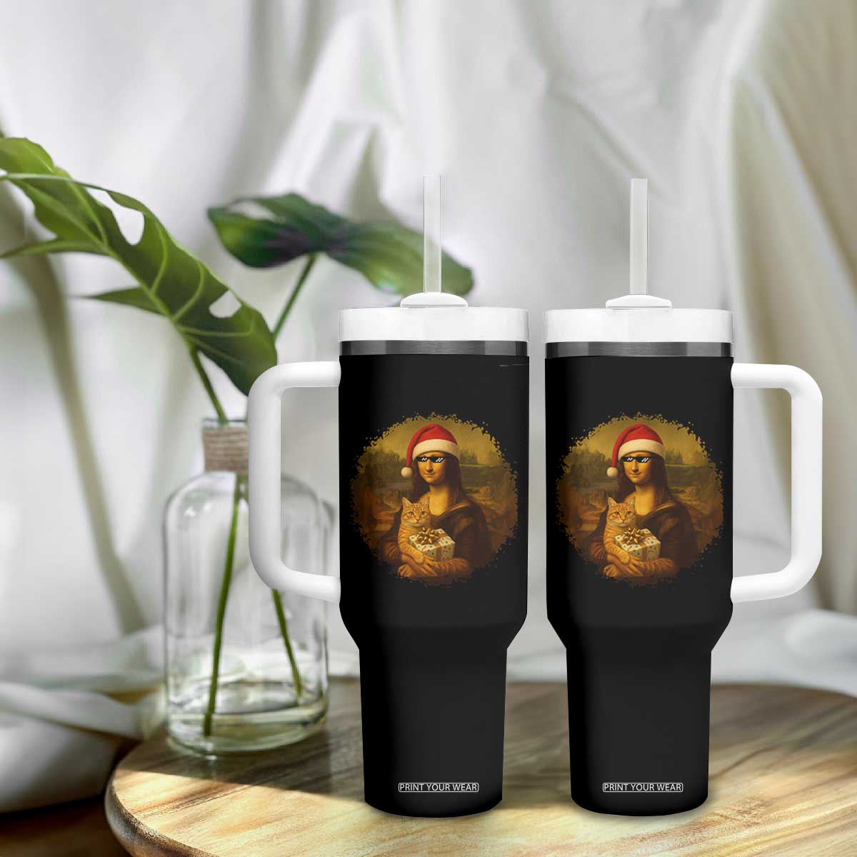 Chritsmas Mona Lisa Tumbler With Handle Funny Holiday Kitty Lover TS12 Print Your Wear