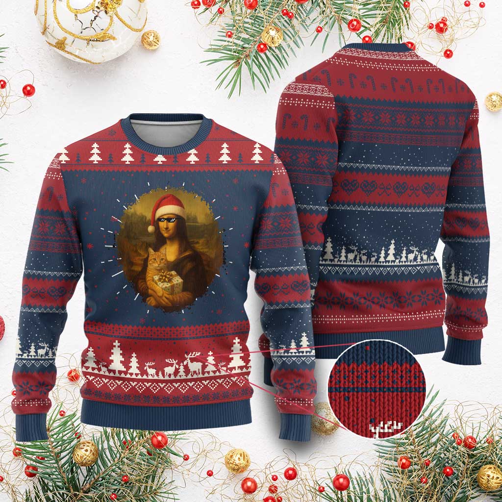 Xmas Mona Lisa Ugly Christmas Sweater Funny Holiday Kitty Lover TS12 Burgundy Print Your Wear