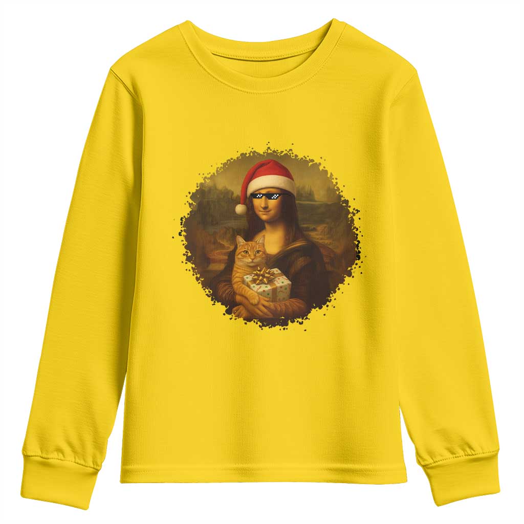 Chritsmas Mona Lisa Youth Sweatshirt Funny Holiday Kitty Lover TS12 Daisy Print Your Wear