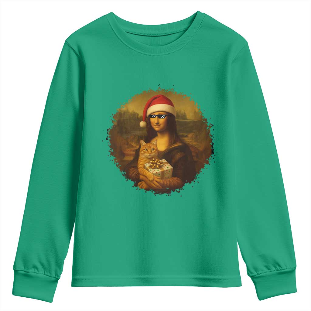 Chritsmas Mona Lisa Youth Sweatshirt Funny Holiday Kitty Lover TS12 Irish Green Print Your Wear