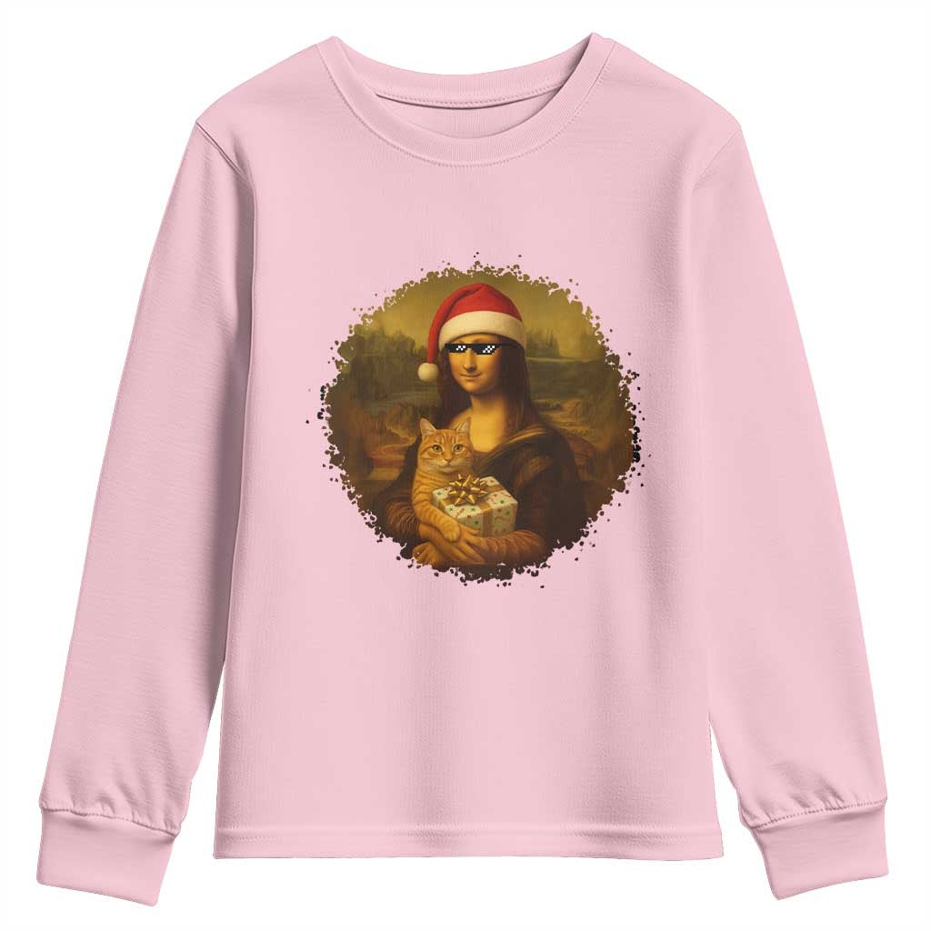 Chritsmas Mona Lisa Youth Sweatshirt Funny Holiday Kitty Lover TS12 Light Pink Print Your Wear