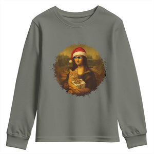 Chritsmas Mona Lisa Youth Sweatshirt Funny Holiday Kitty Lover TS12 Military Green Print Your Wear
