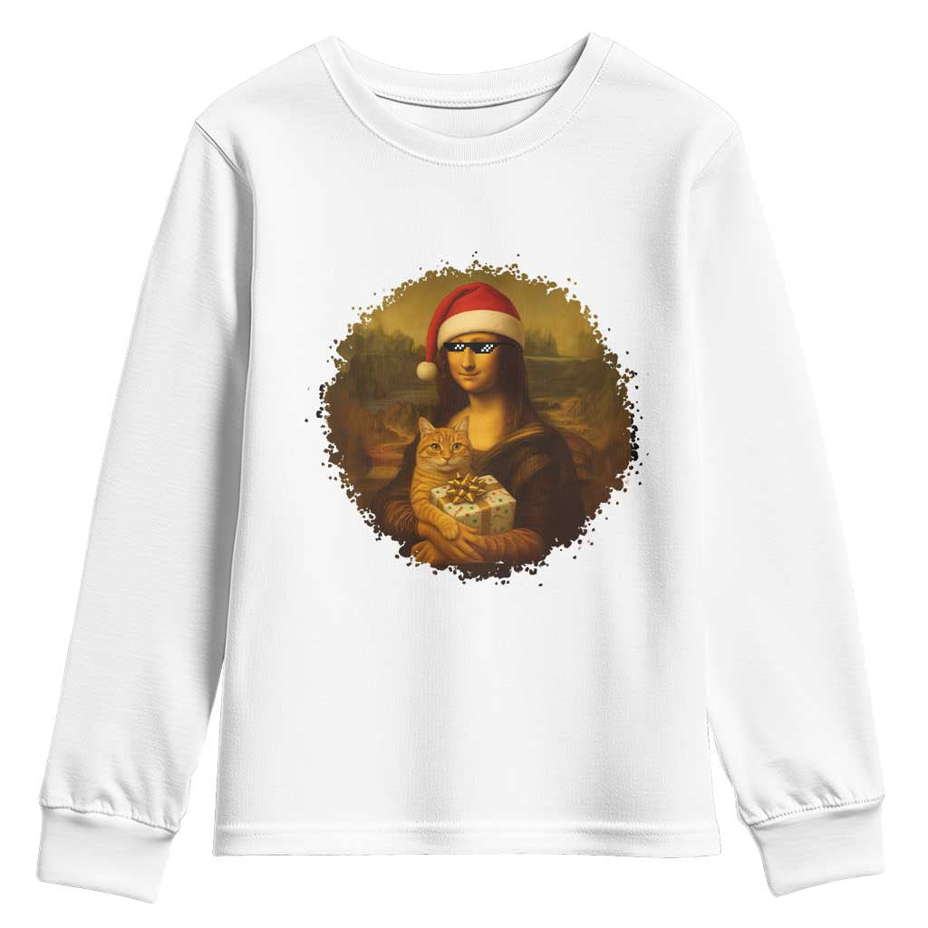 Chritsmas Mona Lisa Youth Sweatshirt Funny Holiday Kitty Lover TS12 White Print Your Wear