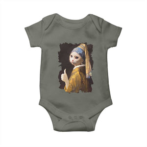 Funny Cat With A Pearl Earring Parody Art Baby Onesie TS12 Military Green Print Your Wear