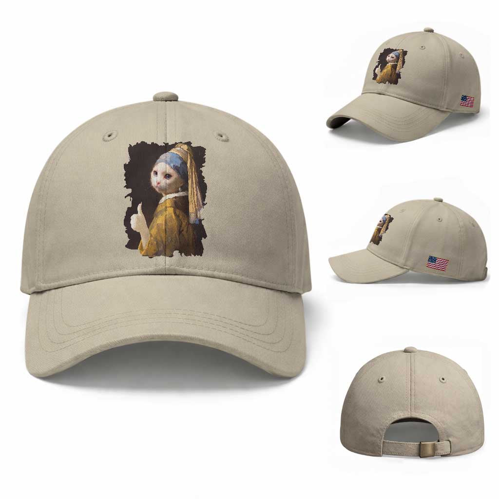 Funny Cat With A Pearl Earring Parody Art Baseball Cap TS12 Baseball Cap Universal Fit Beige Print Your Wear