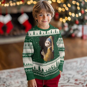 Funny Cat With A Pearl Earring Parody Art Ugly Christmas Sweater TS12 Forest Green Beige Print Your Wear