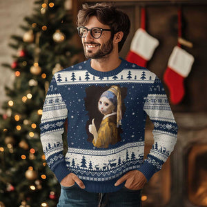 Funny Cat With A Pearl Earring Parody Art Ugly Christmas Sweater TS12 Navy Beige Print Your Wear