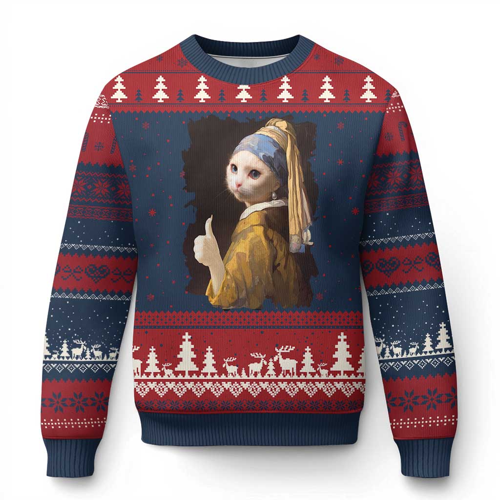 Funny Cat With A Pearl Earring Parody Art Ugly Christmas Sweater TS12 Navy Red Print Your Wear
