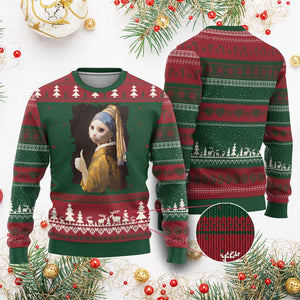 Funny Cat With A Pearl Earring Parody Art Ugly Christmas Sweater TS12 Red Green Print Your Wear