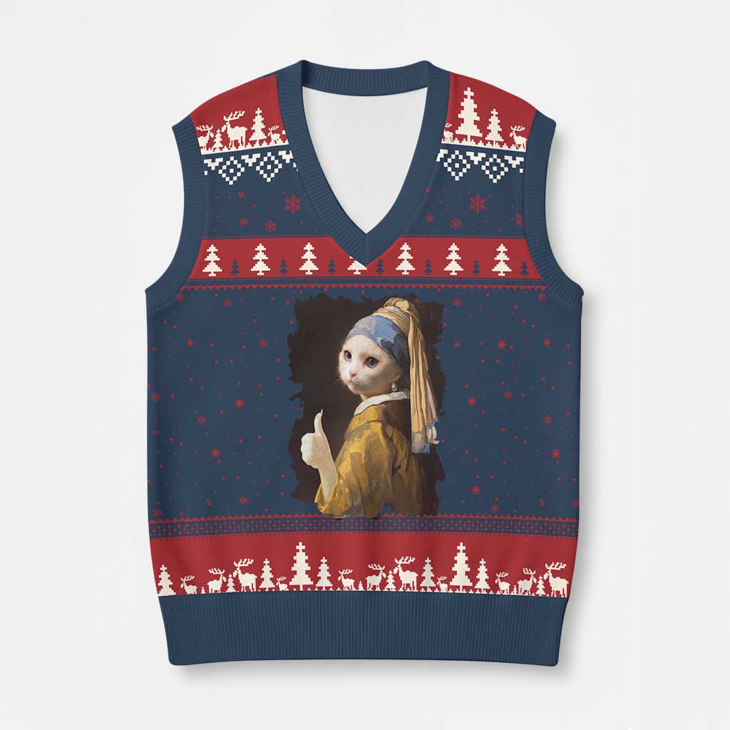 Funny Cat With A Pearl Earring Parody Art V-Neck Knit Sweater Vest TS12 Navy Red Print Your Wear