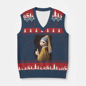 Funny Cat With A Pearl Earring Parody Art V-Neck Knit Sweater Vest TS12 Navy Red Print Your Wear
