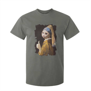 Funny Cat With A Pearl Earring Parody Art T Shirt For Kid TS12 Military Green Print Your Wear