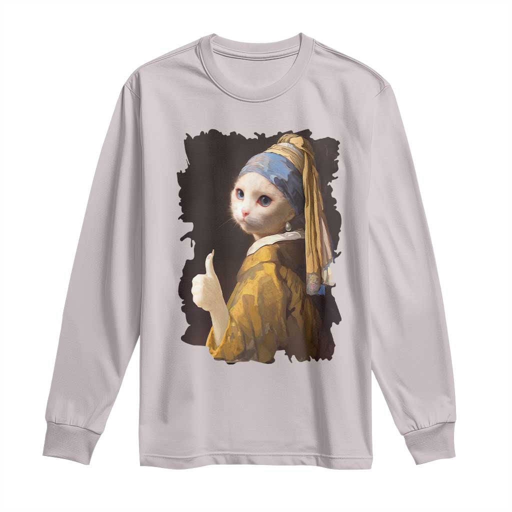 Funny Cat With A Pearl Earring Parody Art Long Sleeve Shirt TS12 Ice Gray Print Your Wear