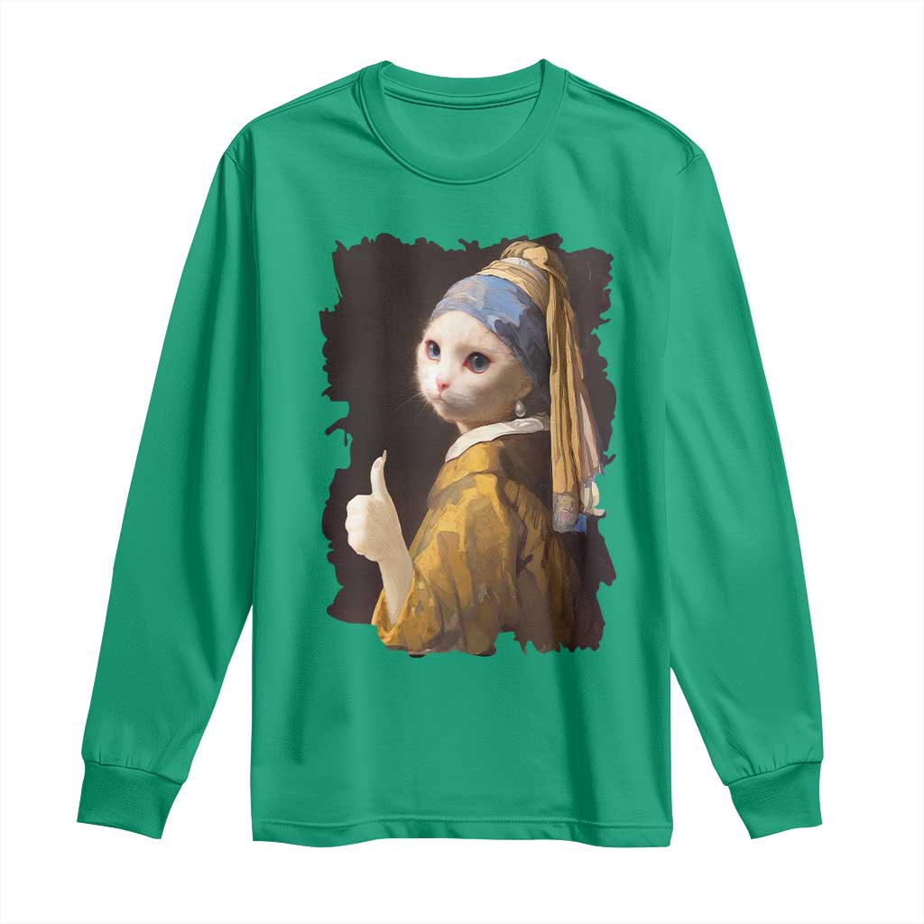 Funny Cat With A Pearl Earring Parody Art Long Sleeve Shirt TS12 Irish Green Print Your Wear