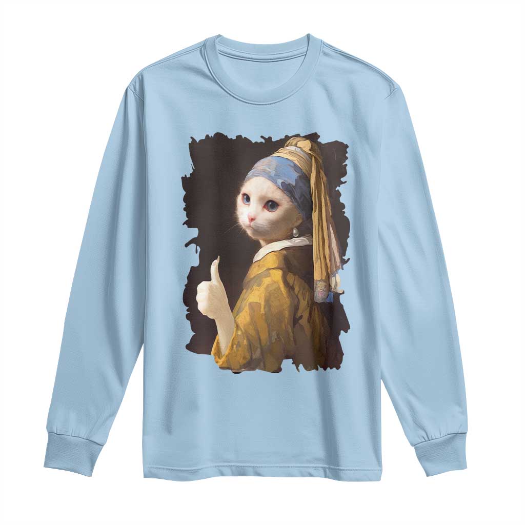 Funny Cat With A Pearl Earring Parody Art Long Sleeve Shirt TS12 Light Blue Print Your Wear