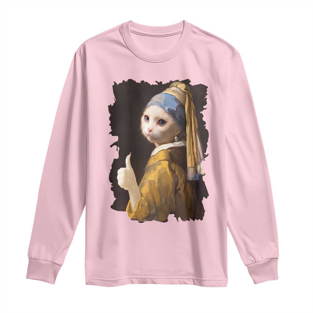 Funny Cat With A Pearl Earring Parody Art Long Sleeve Shirt TS12 Light Pink Print Your Wear
