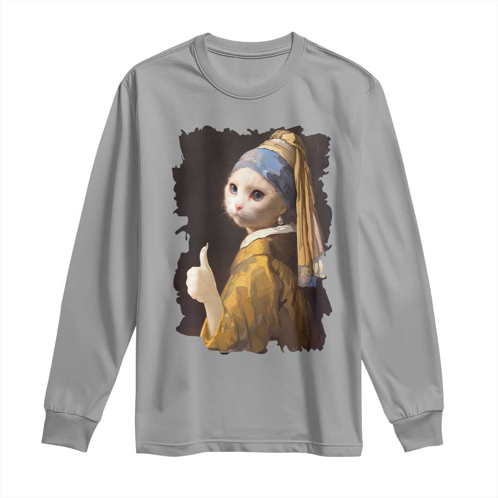 Funny Cat With A Pearl Earring Parody Art Long Sleeve Shirt TS12 Sport Gray Print Your Wear