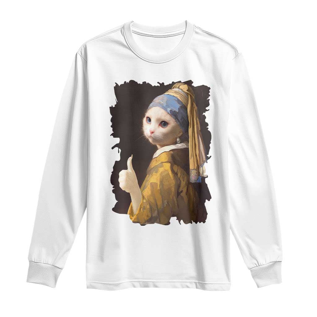 Funny Cat With A Pearl Earring Parody Art Long Sleeve Shirt TS12 White Print Your Wear