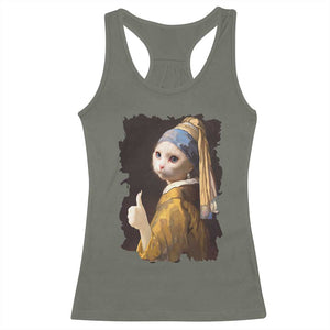 Funny Cat With A Pearl Earring Parody Art Racerback Tank Top TS12 Military Green Print Your Wear