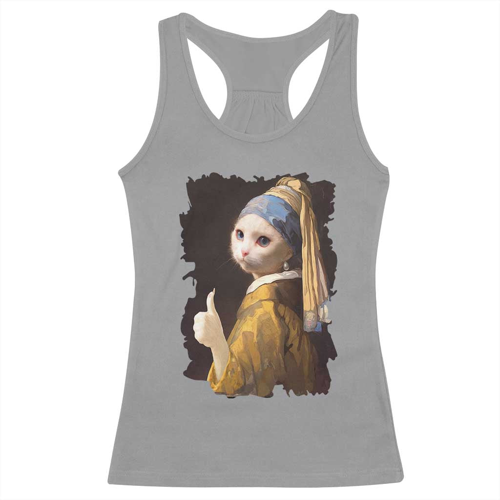 Funny Cat With A Pearl Earring Parody Art Racerback Tank Top TS12 Sport Gray Print Your Wear