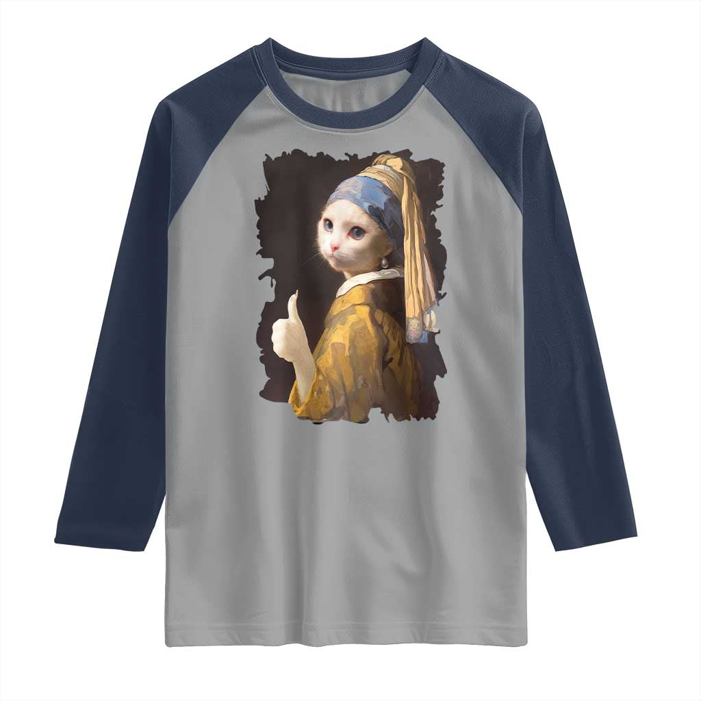 Funny Cat With A Pearl Earring Parody Art Raglan Shirt TS12 Sport Gray Navy Print Your Wear